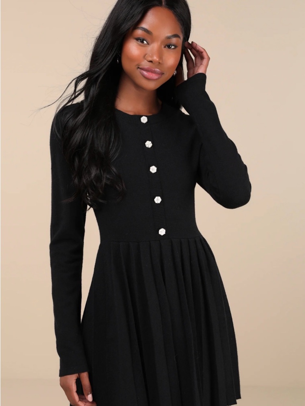 Lulu’s Beyond Sweet Black Pearl Pleated Mini Sweater Dress XL
